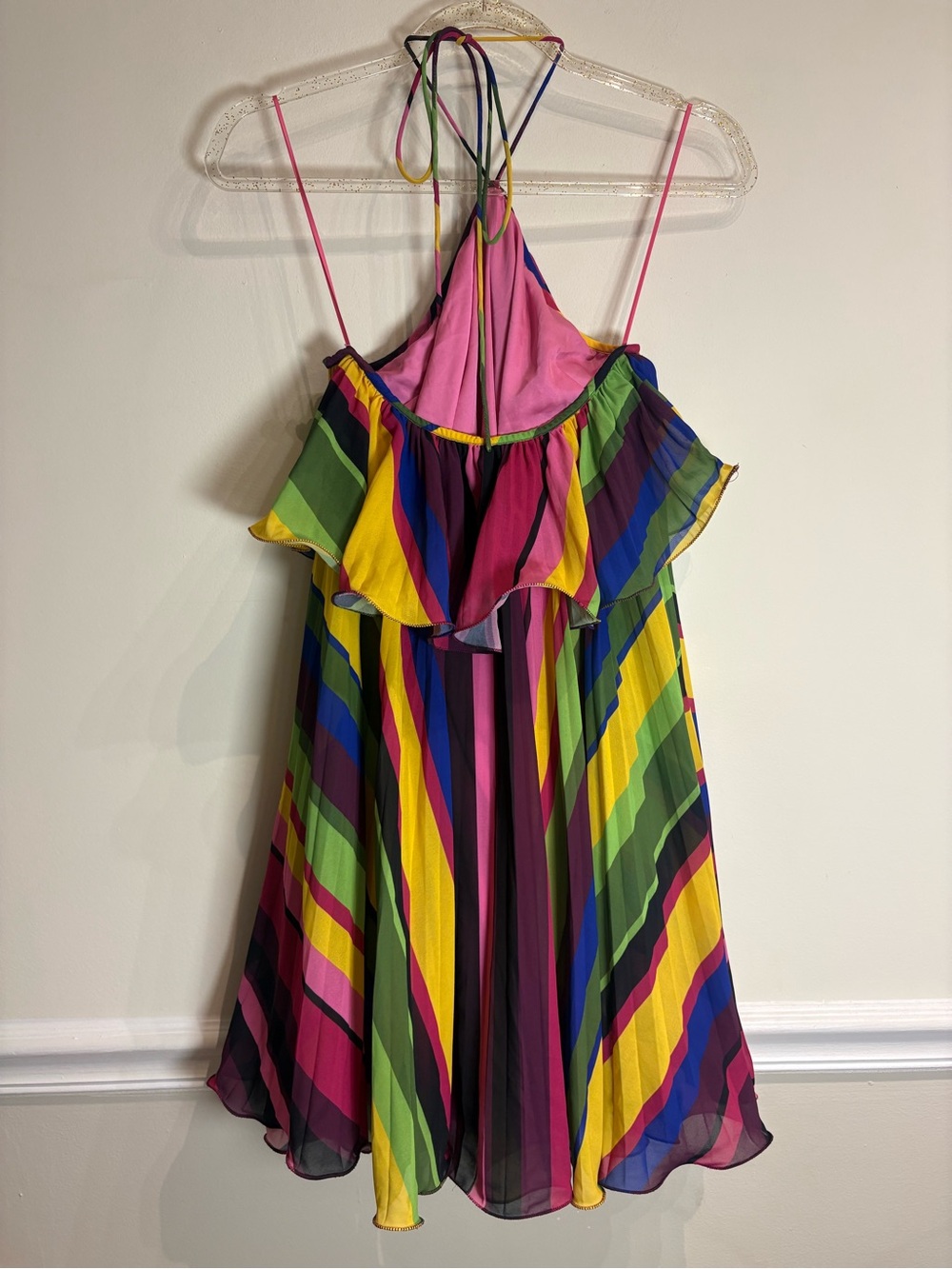 AMUR Sevyn Mini Halter Dress Vibrant Colorful Stripe Pleated Ruffle Size 4 - Picture 8 of 12